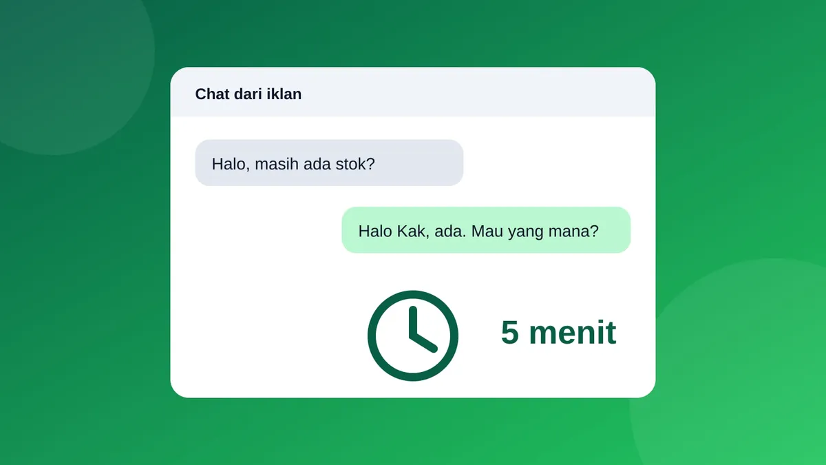 Gelembung chat sapaan pelanggan dan balasan CS dengan jam bertuliskan 5 menit